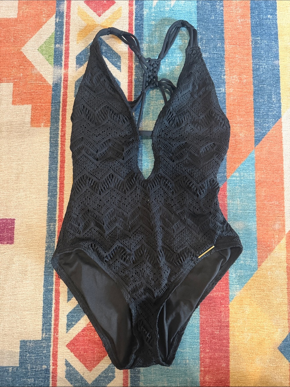 Vince Camuto Black Crochet Halter One-Piece Swimsuit